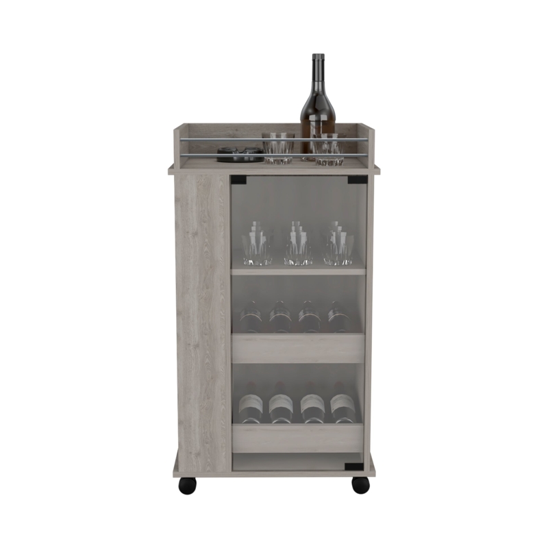 Bar Cart Glass Cabinet Door Side Shelving Transitional Wood-Toned
