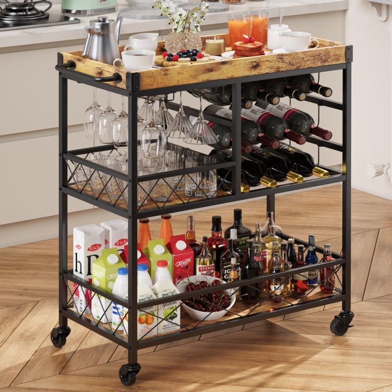 Bar Cart, Glass Holder Rack, Removable Top Tray, Lockable Wheels, Rustic