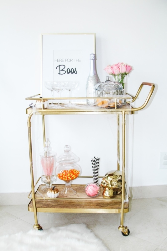 Bar Cart Gold Finish Pink Accents Glam Fall Home Decor Styling Ideas.