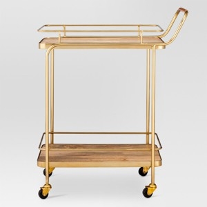 Bar Cart Gold Metal Frame Wood Grain Shelves Leather Handle Wraps