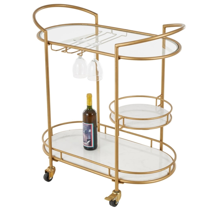 Bar Cart, Gold Metal with Marble-Like Top and Circular Handles.
