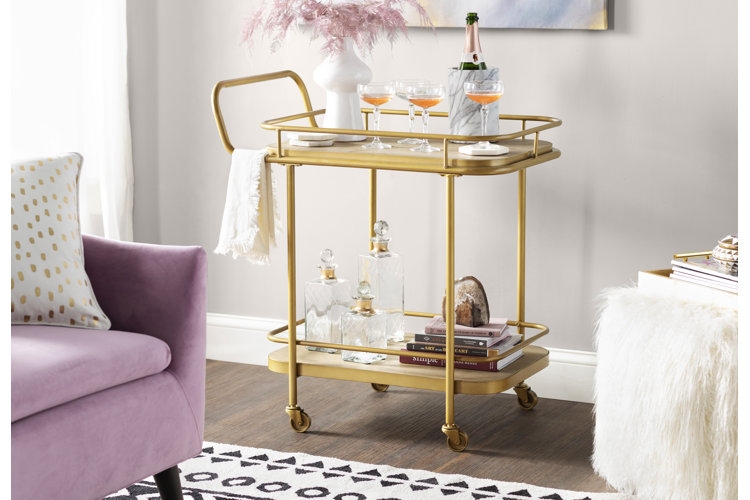 Bar Cart Gold Toned Frame Tiered Glass Shelving Sophisticated Display.