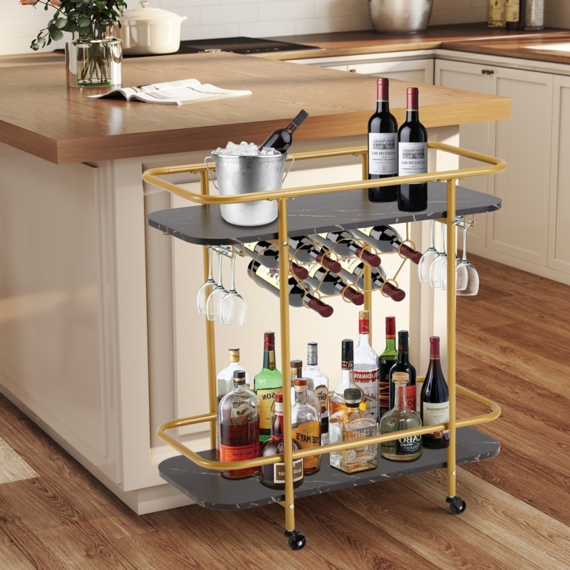 Bar Cart Gold Two Tier with Wine Rack and Glass Holder