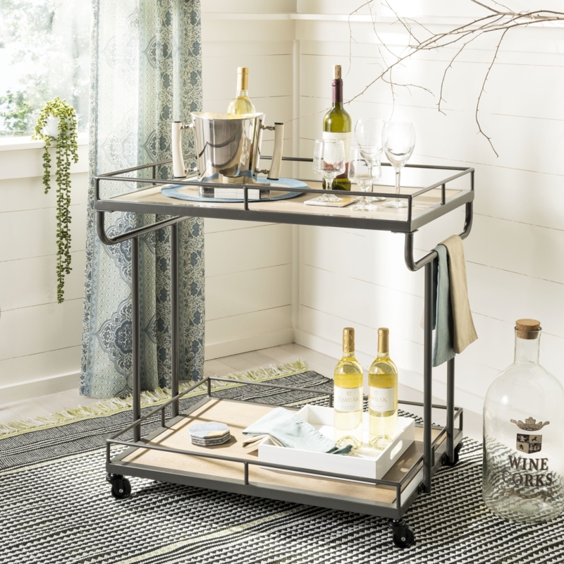 Bar Cart Gunmetal Finish Oak Toned Shelves Industrial Drink Station.