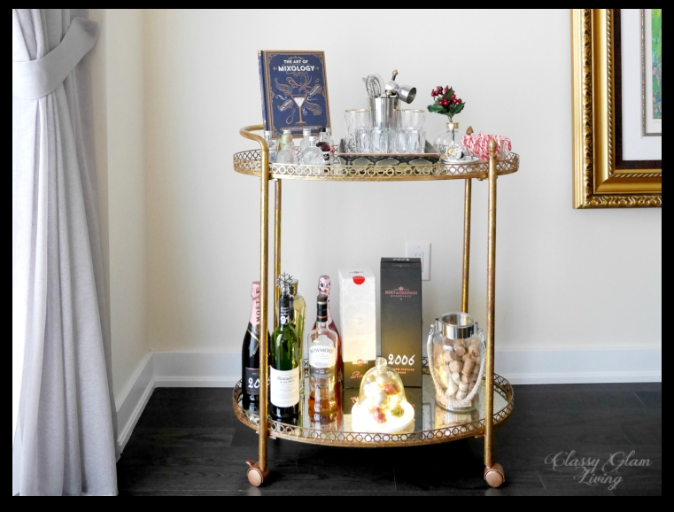 Bar Cart Holiday Styling Gold Metal Frame Festive Home Setup Circular.