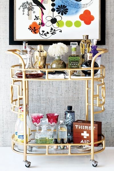 Bar Cart Hollywood Regency Gold Finish Glass Shelves Rolling Design.