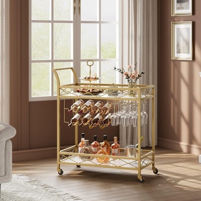 Bar Cart, Industrial Black Metal and Wood-Toned Shelves, Wine Rack.