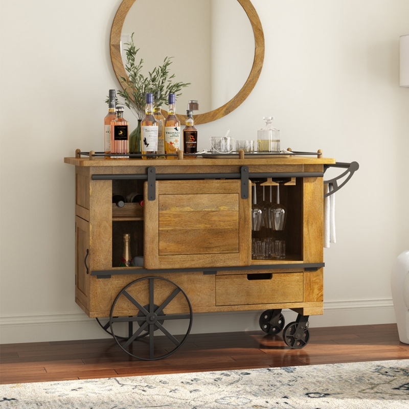 Bar Cart, Industrial Farmhouse Design, Sliding Barn Door, Stemware Racks