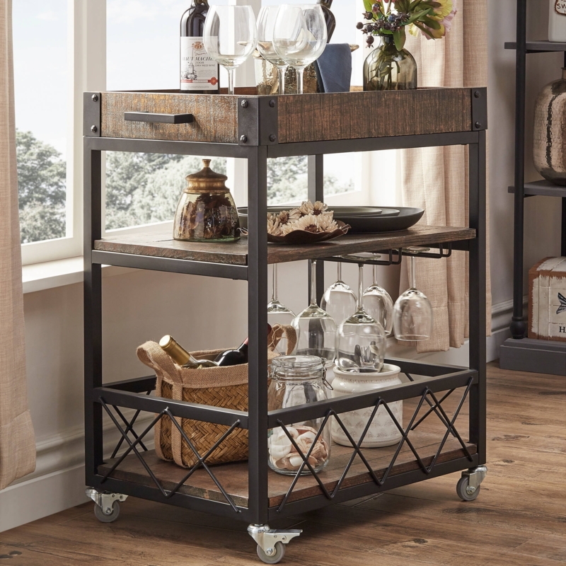 Bar Cart, Industrial Mobile Storage, Oversized Wheels, Dark Wood, Metal