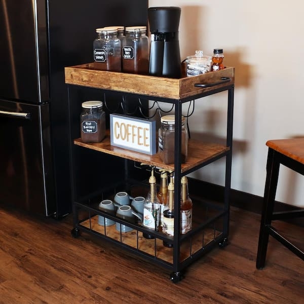 Bar Cart Industrial Rustic Mobile Wine Rack with X-Shaped Storage