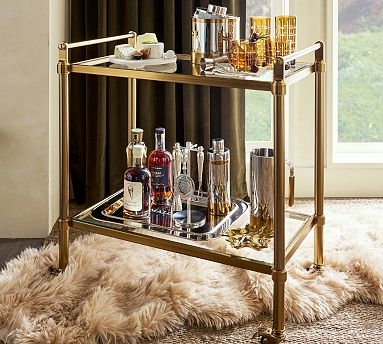 Bar Cart Industrial Three-Tier Matte Black Metal Wood Toned Trays