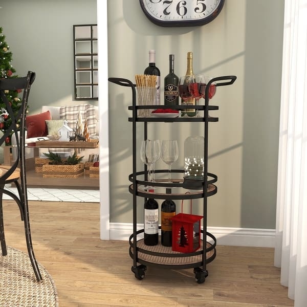 Bar Cart, Industrial With Rattan Shelf, Glass Tiers, Curved Handles, Mobile