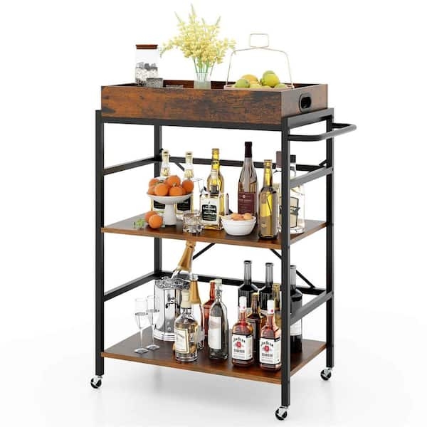 Bar Cart, Integrated Glass Holders, Two Tier, Removable Tray, Rustic Brown