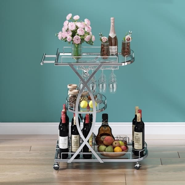 Bar Cart Integrated Wine Rack Three Tier Gold Finish Modern Storage.