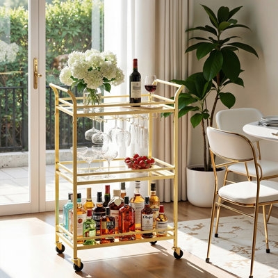 Bar Cart Integrated Wine Storage Three Tier Gold Finish Luxury Design.