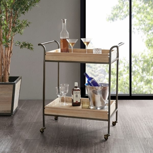 Bar Cart, Mid-Century Modern, Light Brown Shelves, Caster Wheels, Mobile