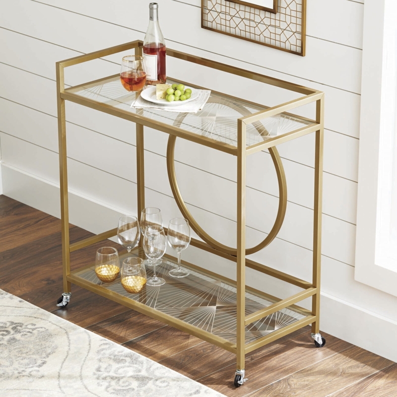 Bar Cart, Mid-Century Modern Rounded Frame with Glass Tiers.