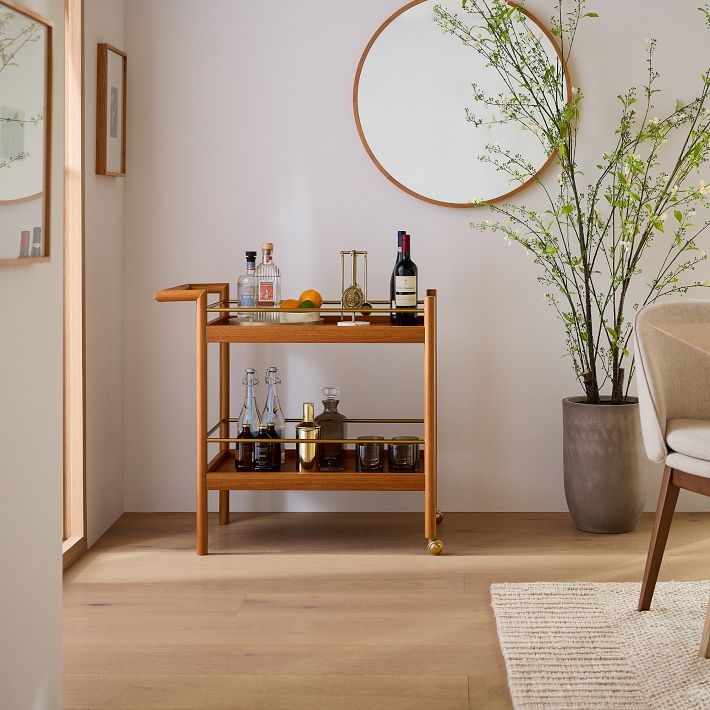 Bar Cart Mid-Century Oval Silhouette with Walnut and Brass Finish