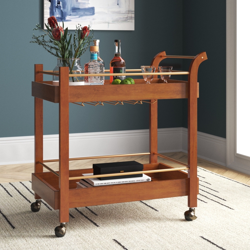 Bar Cart Mid-Century Round Walnut Wood Finish Rolling Drink Station