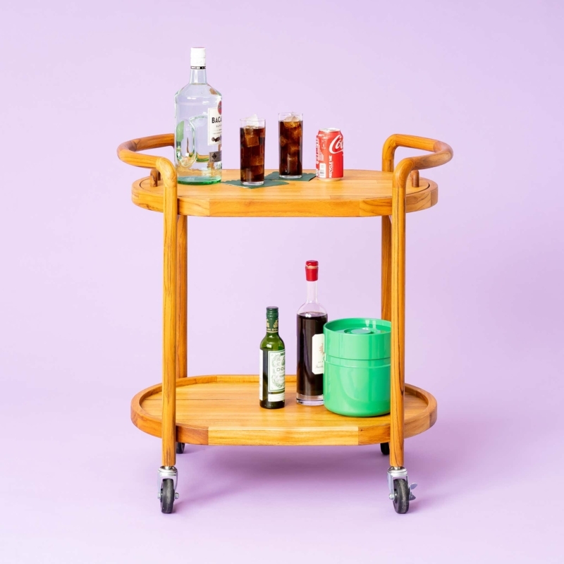 Bar Cart Mid-Century Two-Tier Walnut Finish Stemware Rack Mixed Material