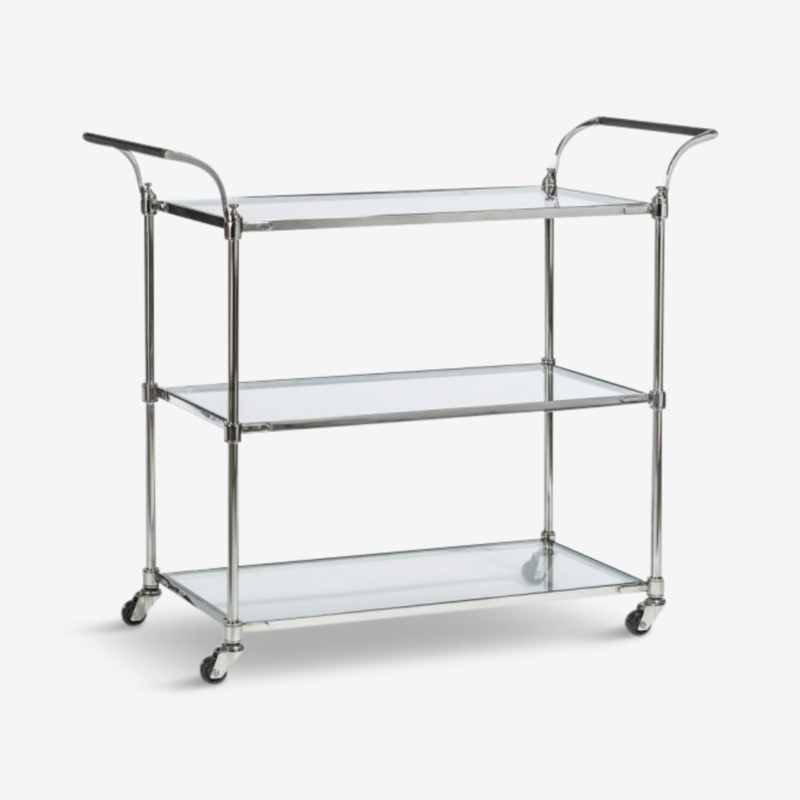 Bar Cart Mirrored Shelves Arched Handles, Chrome Wheels