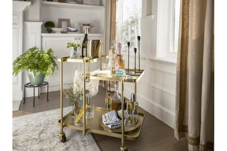 Bar Cart Mirrored Three Tier Gold Tubular Frame Art Deco Inspired.