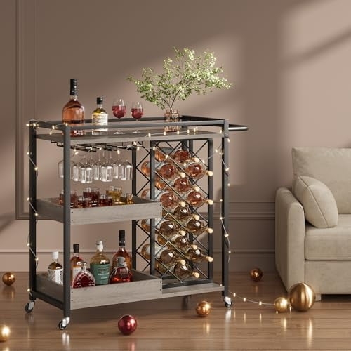 Bar Cart Mobile Industrial Three-Tier Design Wine Storage Dark Wood