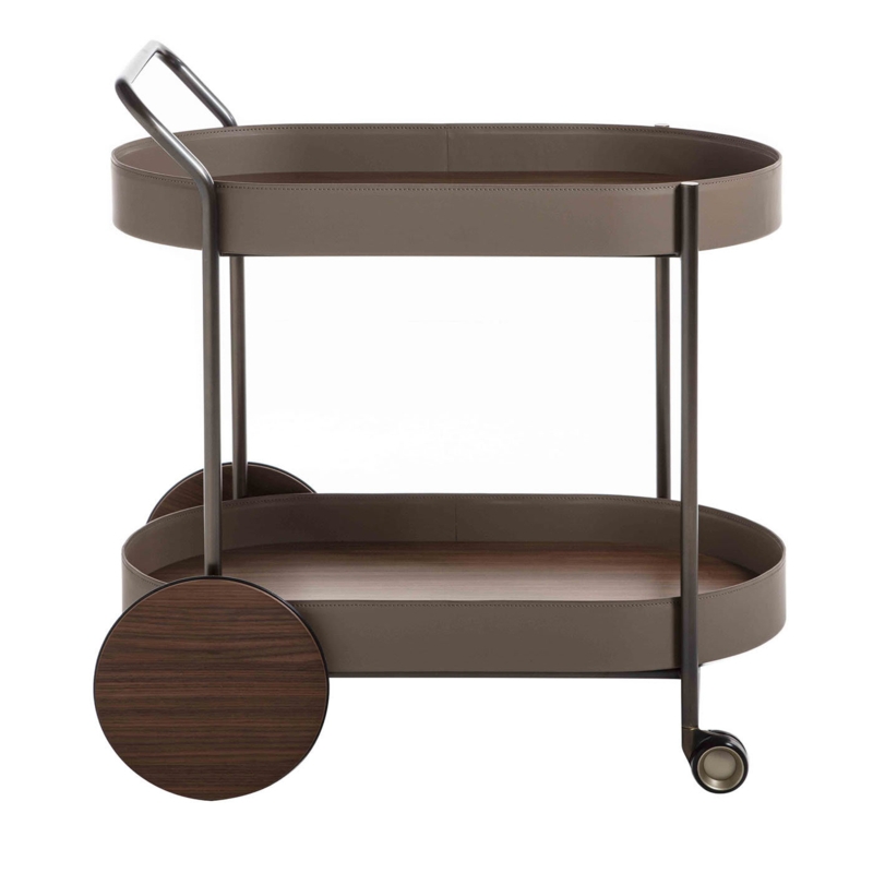 Bar Cart, Modern Circular Design, Leather Wrapped Handle, Gold Toned Frame