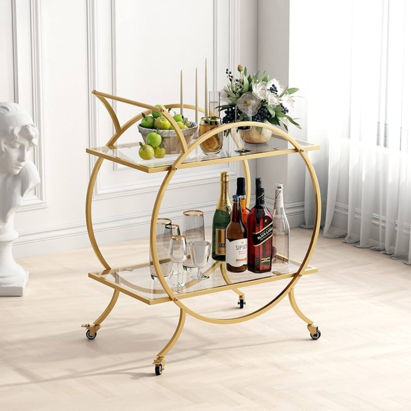 Bar Cart, Modern Circular Frame with Mirrored Glass Shelves.
