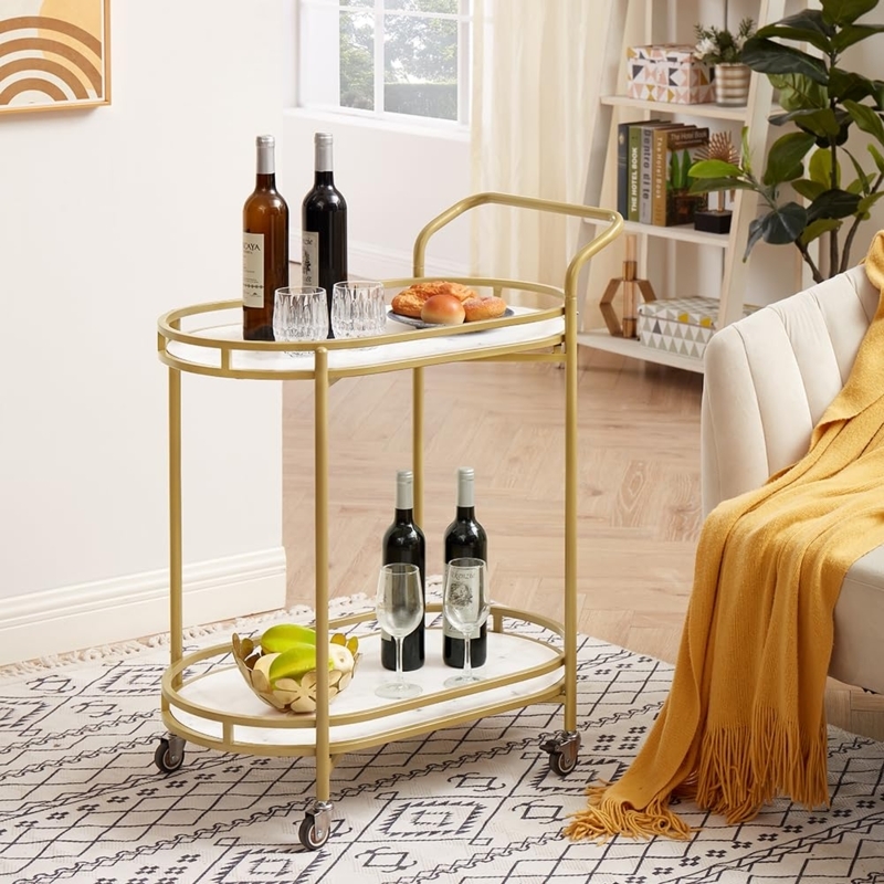 Bar Cart Modern Gold and White Two-Tier Serving Trolley