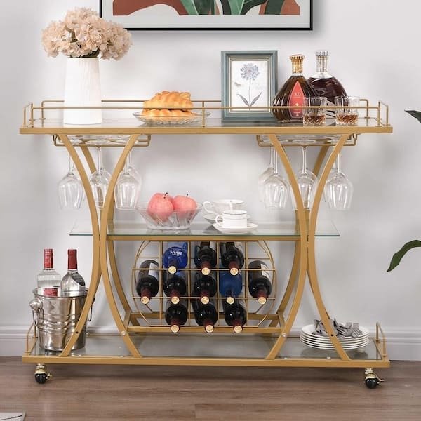 Bar Cart, Modern Gold Three-Tier Rectangular Frame with Glass.