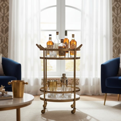 Bar Cart Modern Gold Toned Metal Three Tier Rolling Casters