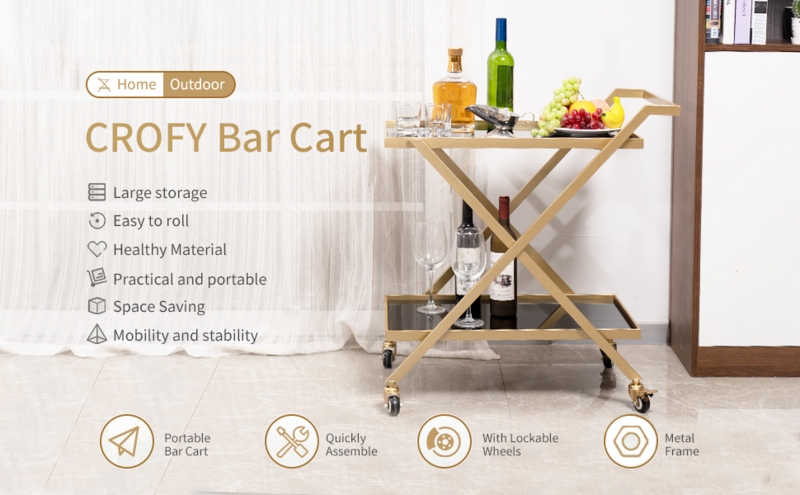 Bar Cart Modern Two-Tier Gold Finish Black Glass Serving Station