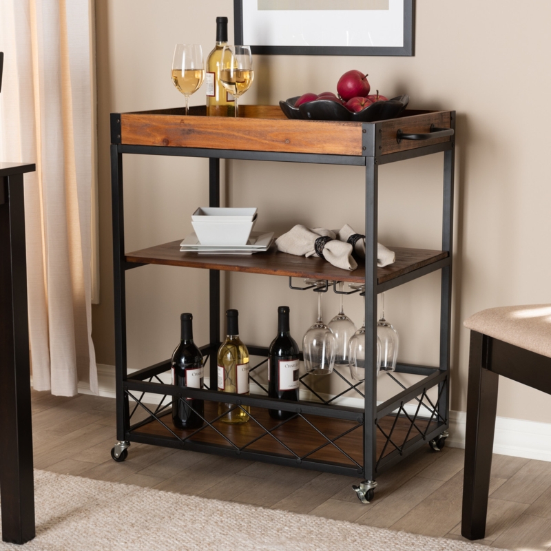 Bar Cart, Oak Brown, Two Tier, Stemware Rack, Industrial Styling Ideas