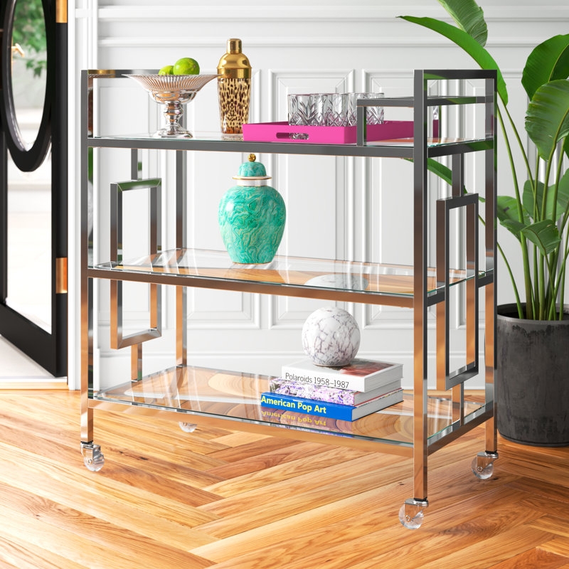 Bar Cart, Open Circular Glam Silhouette with Tempered Glass.