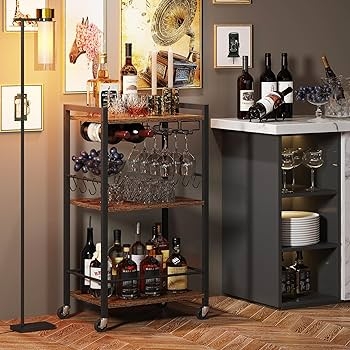 Bar Cart Organized Wine and Glass Storage Three-Tier Matte Black Frame