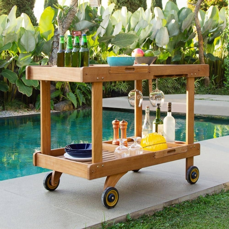 Bar Cart Outdoor Teak Wood Slatted Shelves Oversized Wheels