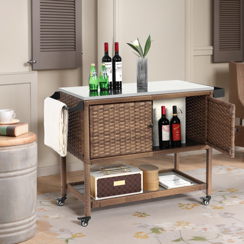Bar Cart, Outdoor Wicker Styling, Large Rear Wheels, Glass Top, Two Tier