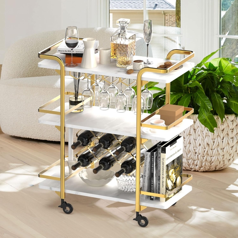 Bar Cart Oval Silhouette Gold Finish Art Deco Inspiration Elegant.