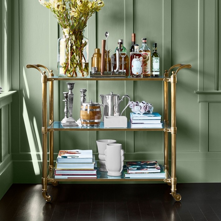 Bar Cart, Polished Brass with Wraparound Handle and Glass Shelves.