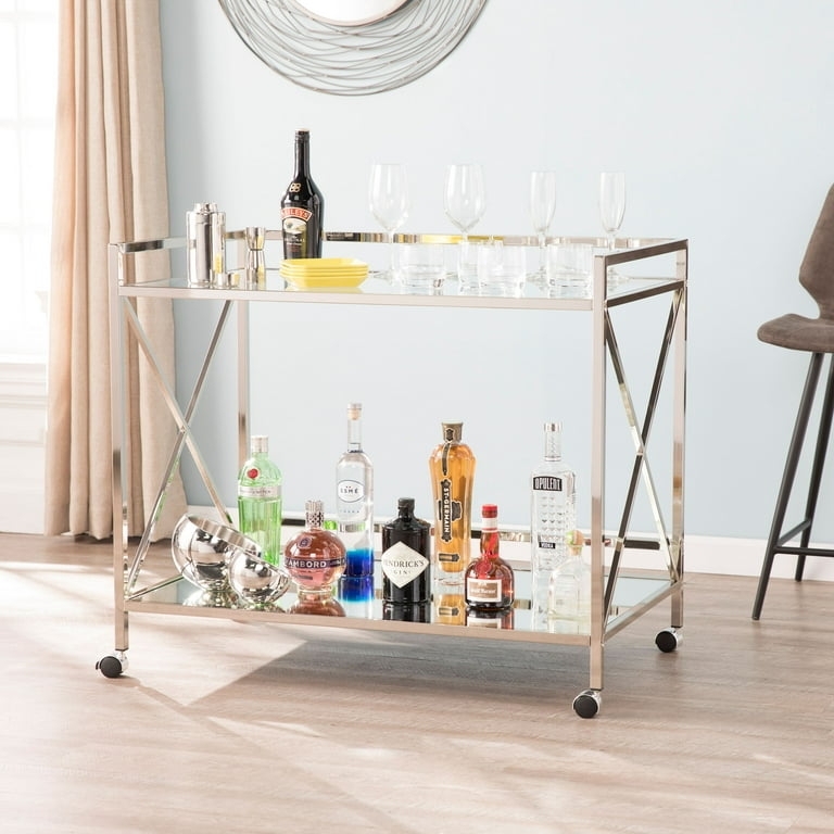 Bar Cart Polished Silver Circular Frame Three Tier Trolley Rolling.