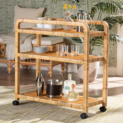 Bar Cart Rattan and Wood Bar Cart Mahogany Finish Woven Texture