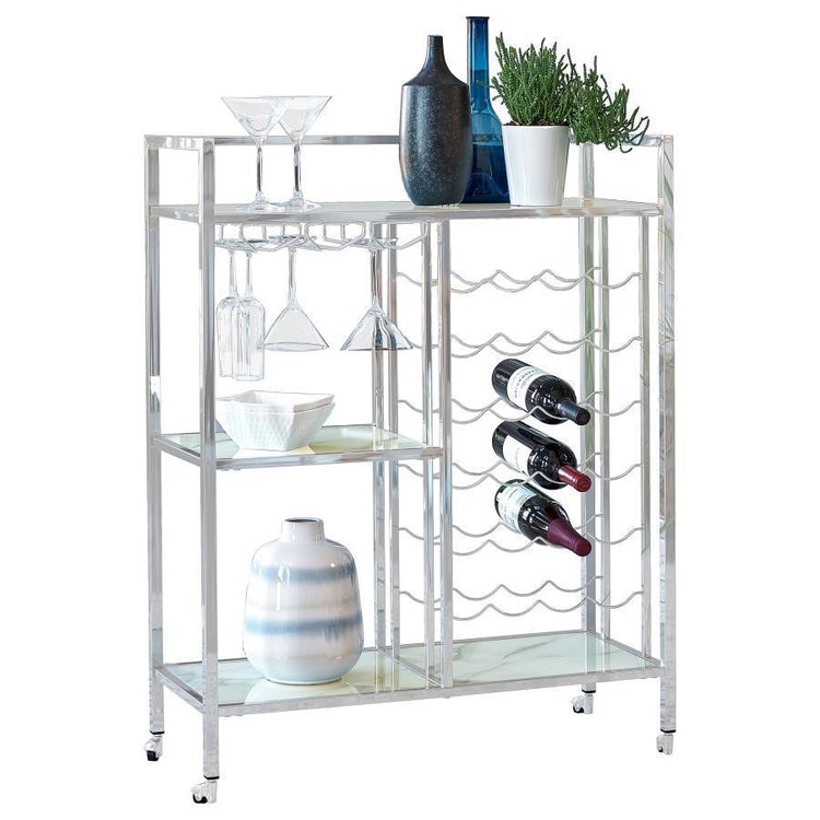 Bar Cart Rectangular Three Tier Glass, Metallic Rolling Cart