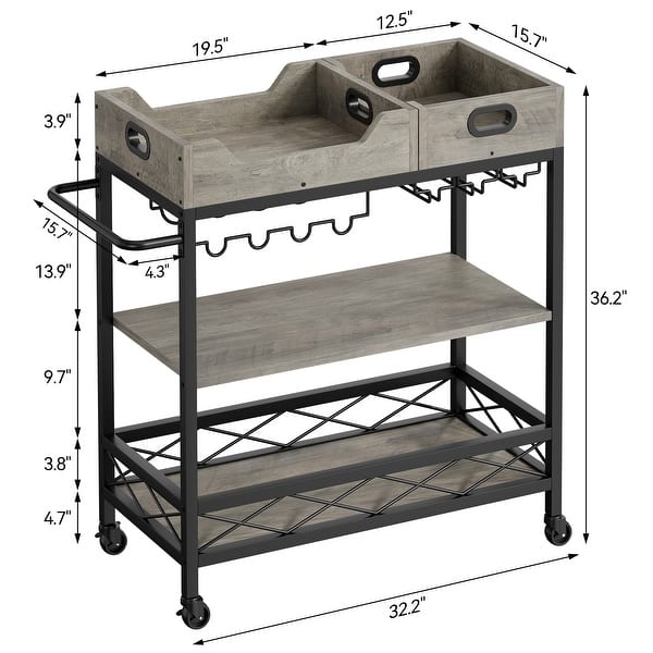 Bar Cart Removable Serving Trays Weathered Gray Industrial 3-Tier