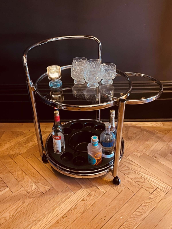 Bar Cart Retro Wood Cutouts Smoked Glass, Mid Century Trolley