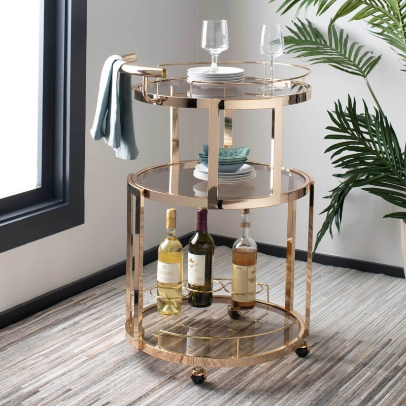 Bar Cart, Round Gold Three-Tier Design with Integrated Wine Rack.