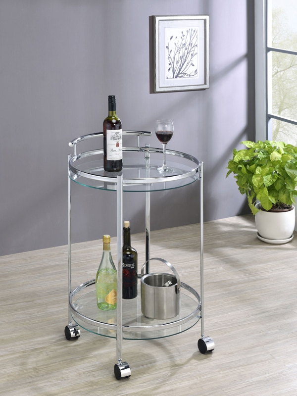 Bar Cart Round Silhouette Two Tier Glass, Silver Drink Cart