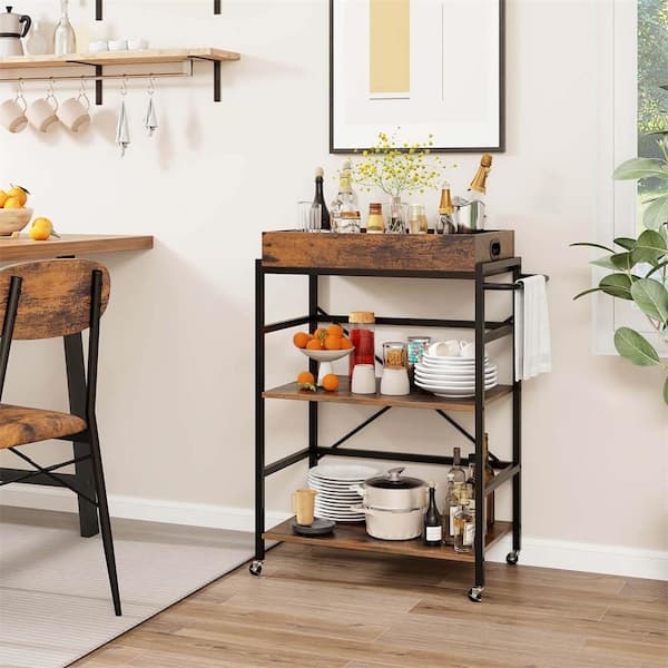 Bar Cart, Rustic Brown, Side Hooks, Removable Tray, Metal Frame Station