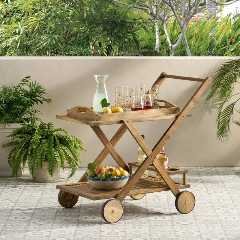 Bar Cart Rustic Outdoor Wood Built-In Wine Rack Spoke Wheels