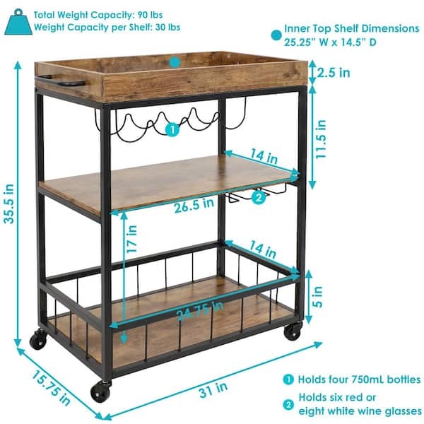 Bar Cart Rustic Wood and Metal Cart Three Tier Protective Rails